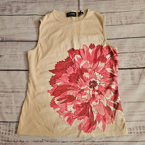 Y2K New York & Company Sleeveless Tank Flower Power Womens Medium Beige Pink Pop